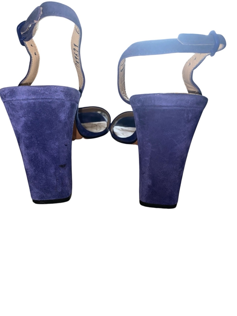 Vintage y2k Salvatore Ferragamo Blue Suede Slingback Block Heels Silver Buckle - Picture 12 of 16